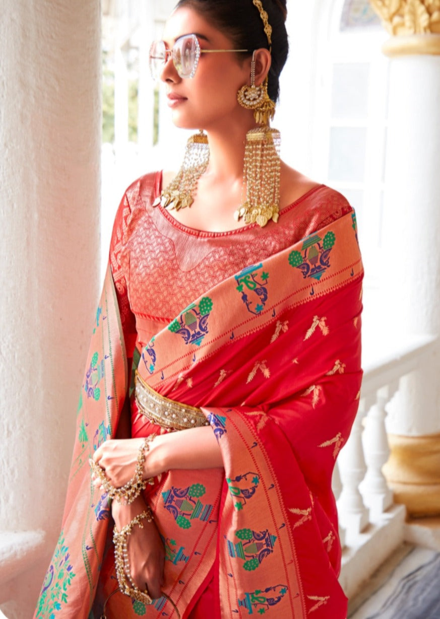 Woman in red color pure paithani silk saree and brocade blouse