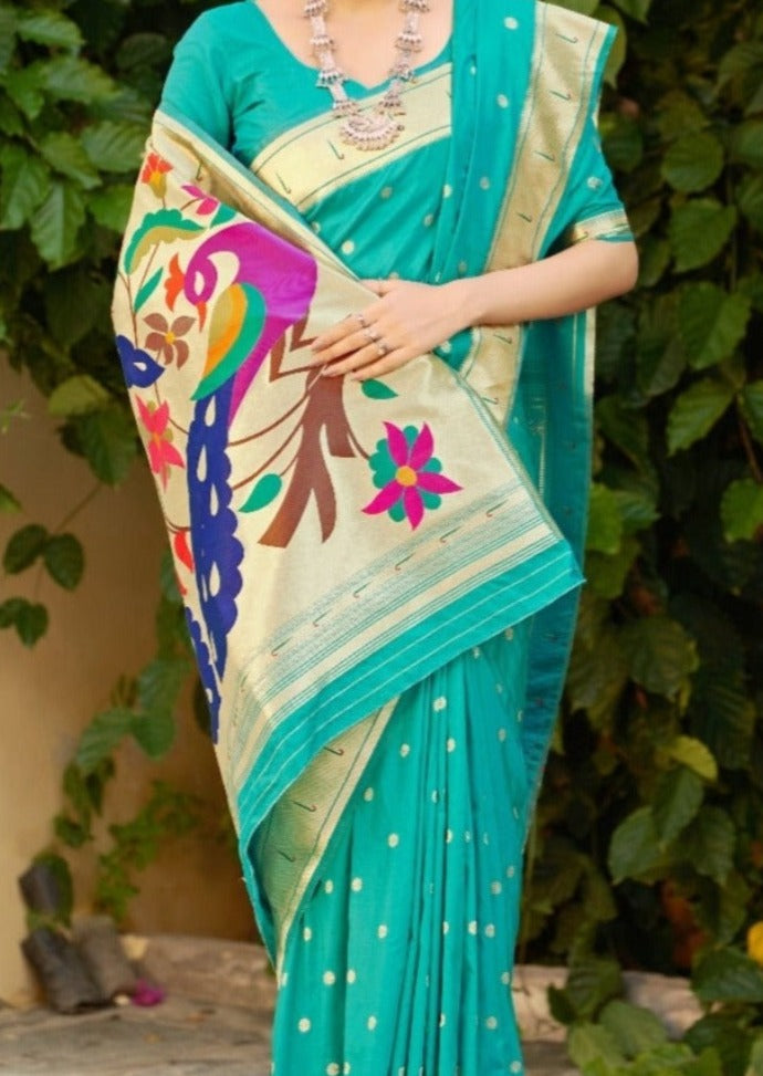 Paithani silk turquoise blue handloom saree online.