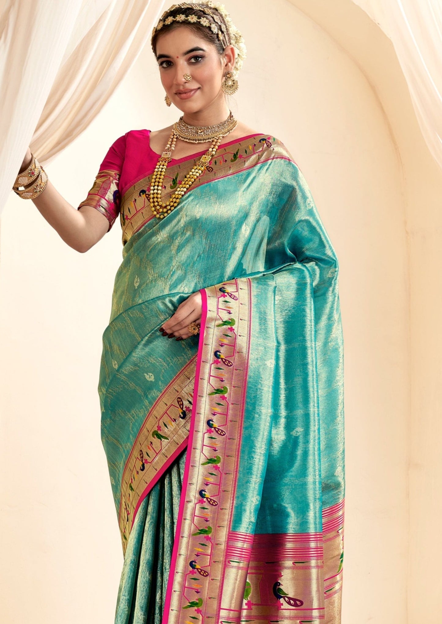 Paithani tissue silk turquoise blue handloom saree usa online shopping.