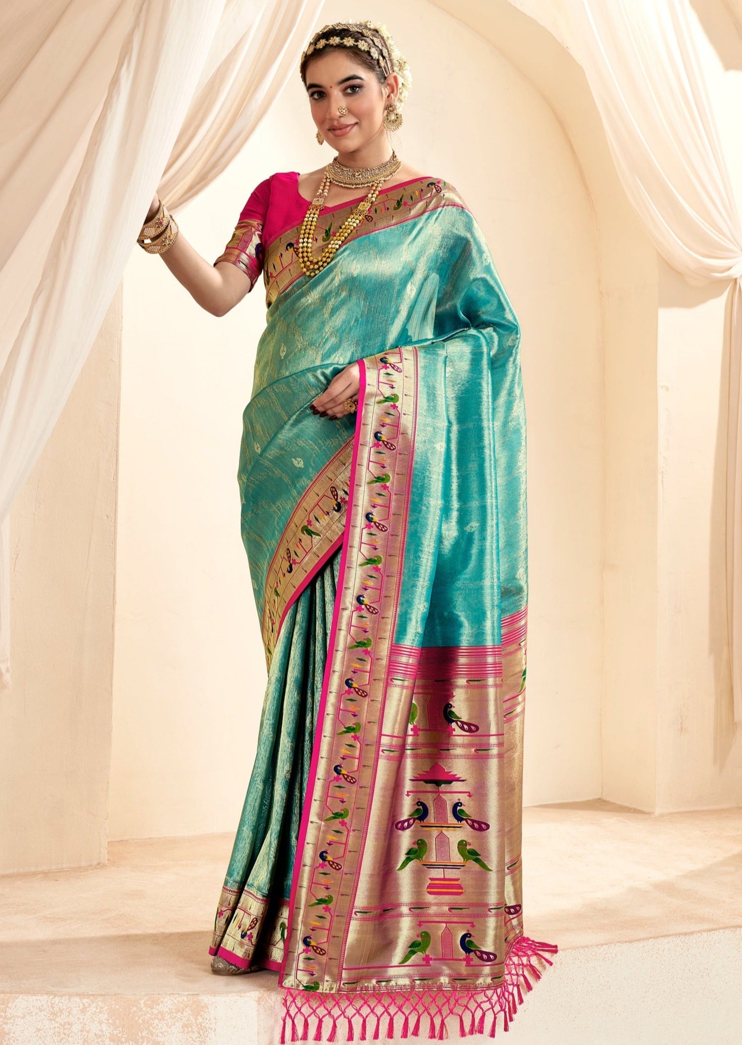 Paithani tissue silk handloom saree in turquoise blue color online usa shopping with price.