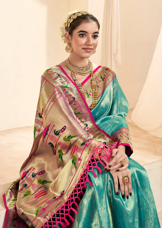 Paithani tissue silk turquoise blue handloom sarees online shopping price india usa uk.