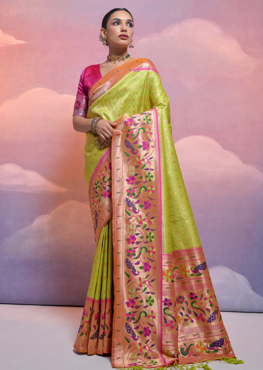 Parrot green paithani silk handloom saree with triple muniya border online.
