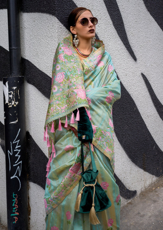 Parsi gara embroidery designs green silk saree with designer border online.