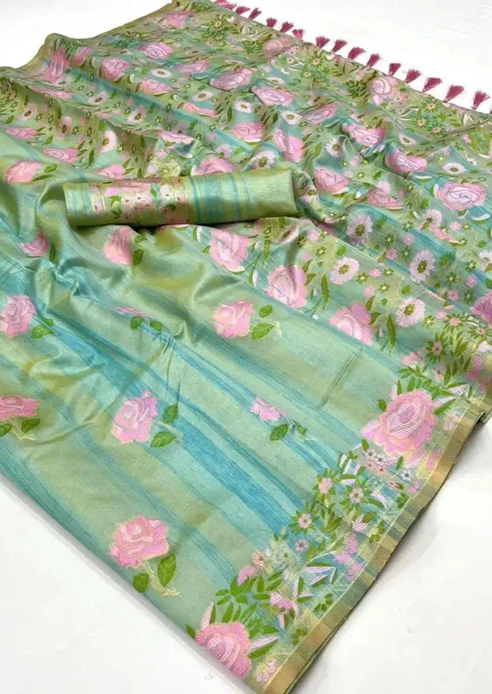 Parsi gara hand embroidery designs green silk saree online.