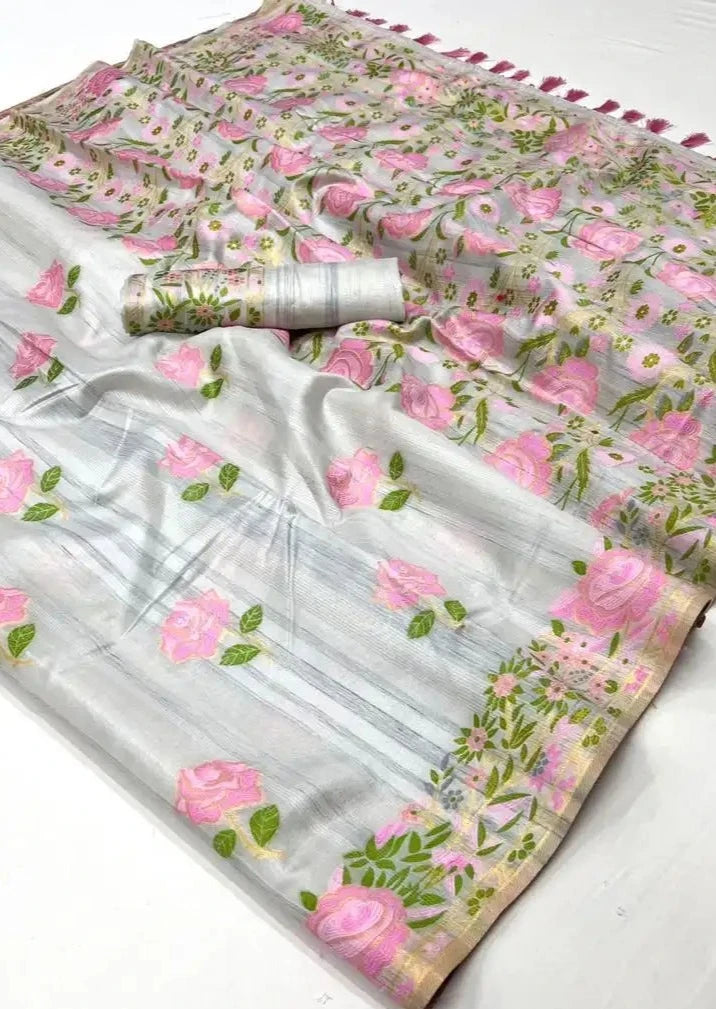 Parsi gara hand embroidery designs white silk saree online.