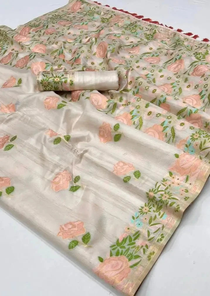 Parsi gara hand embroidery floral designs cream silk saree.
