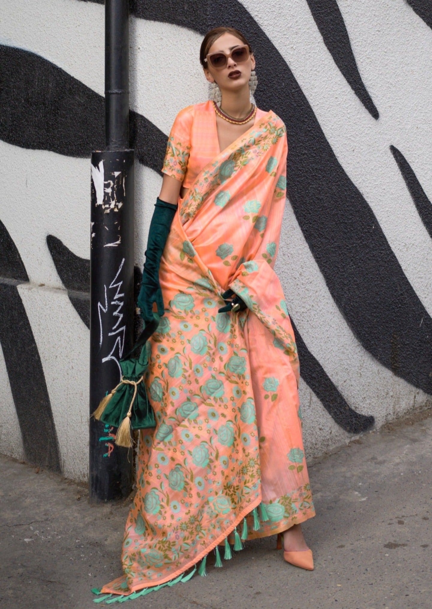 Parsi gara hand embroidery floral designs orange silk saree.