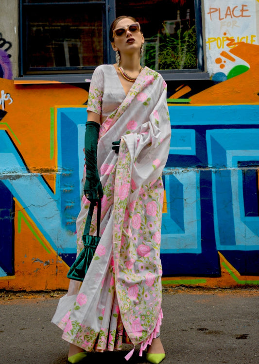 Parsi gara hand embroidery floral designs white silk saree online india.