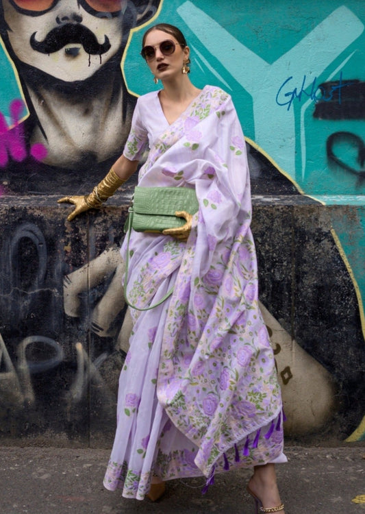 Parsi gara hand embroidery lavender purple silk saree online.
