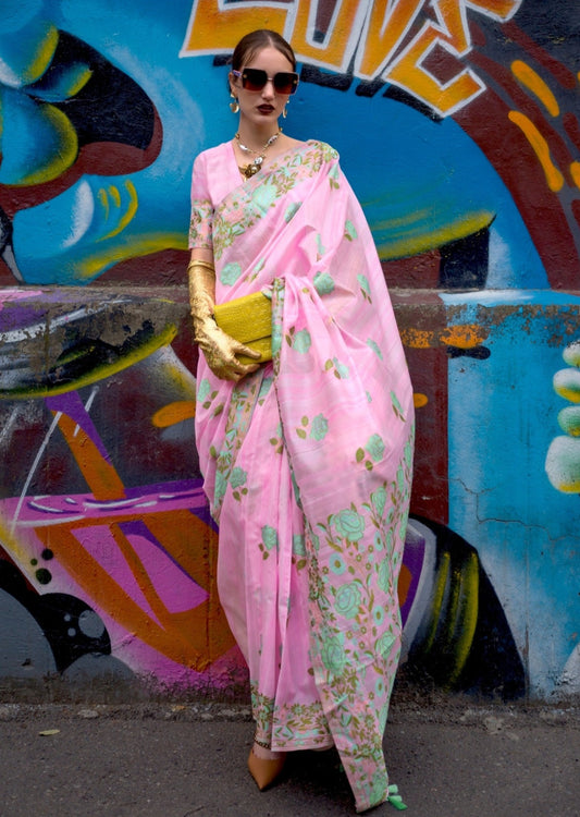 Parsi gara hand embroidery pink silk saree online.