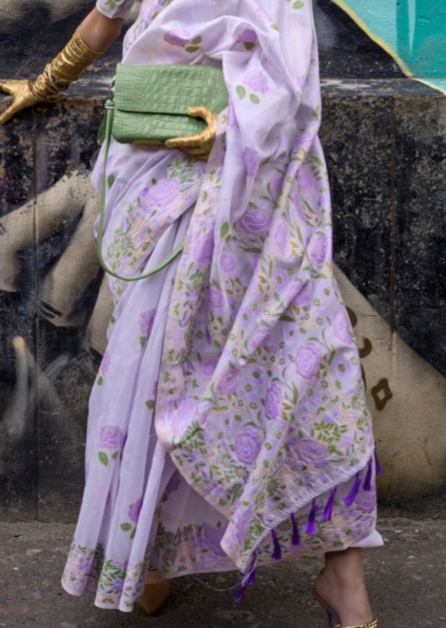 Parsi gara hand embroidery purple silk saree online.