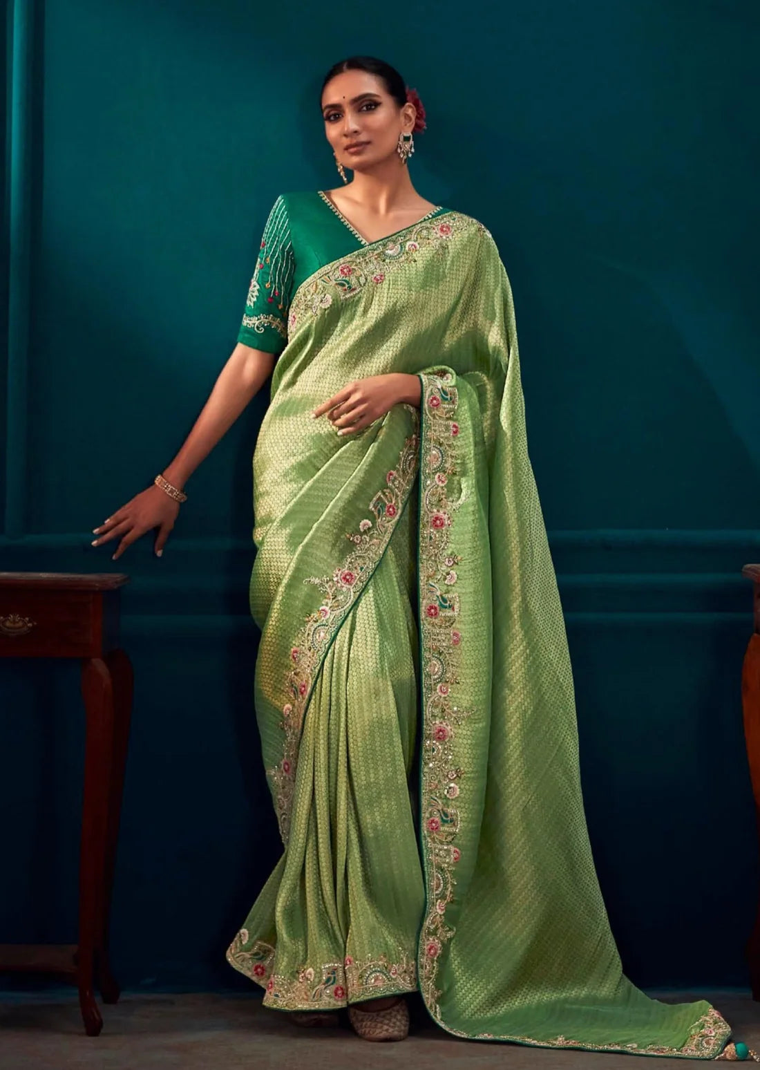 Party wear banarasi silk green embroidery work saree online for bride.