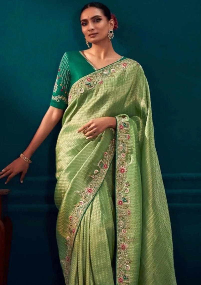 Party wear banarasi silk green embroidery work saree online shopping usa.
