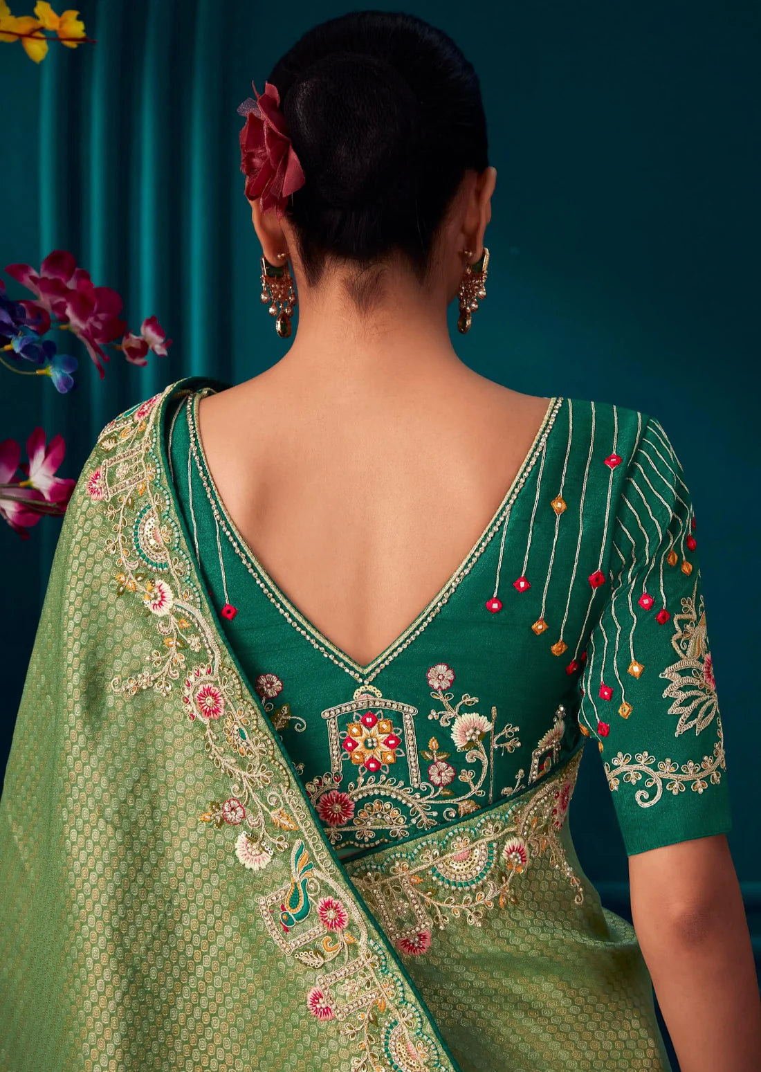 Party wear banarasi silk green embroidery work saree online india usa uk.