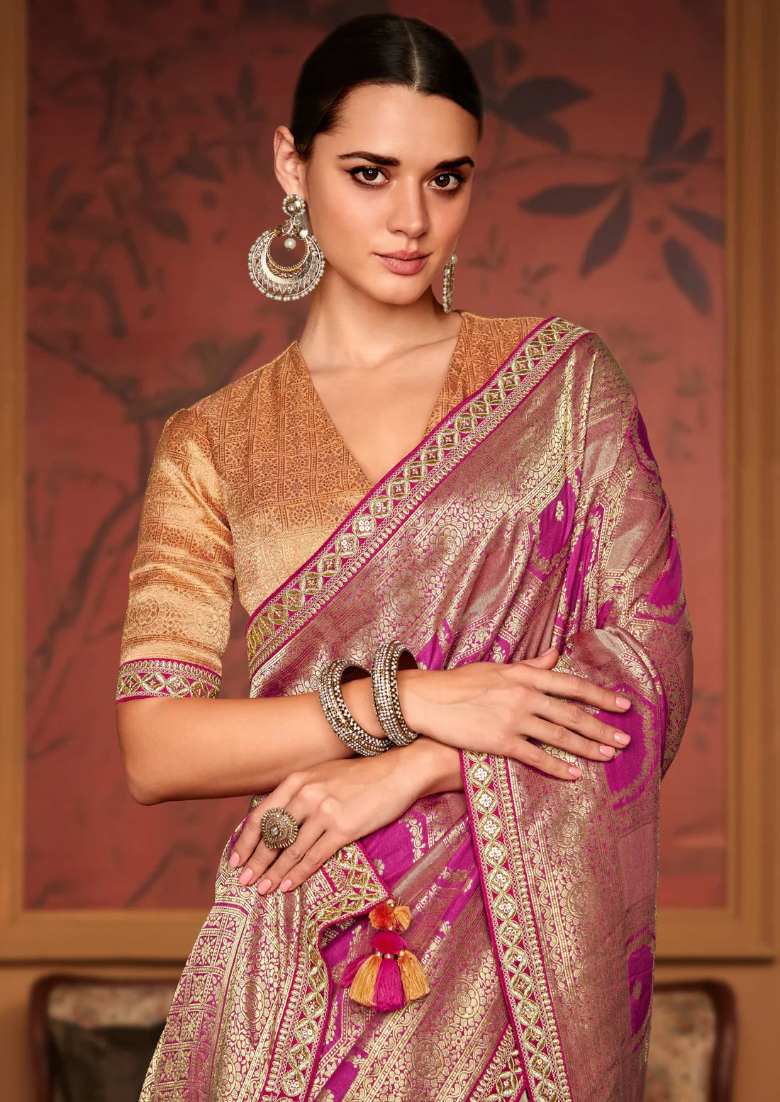 Party wear banarasi silk hand work embroidered pink bridal saree online shopping.