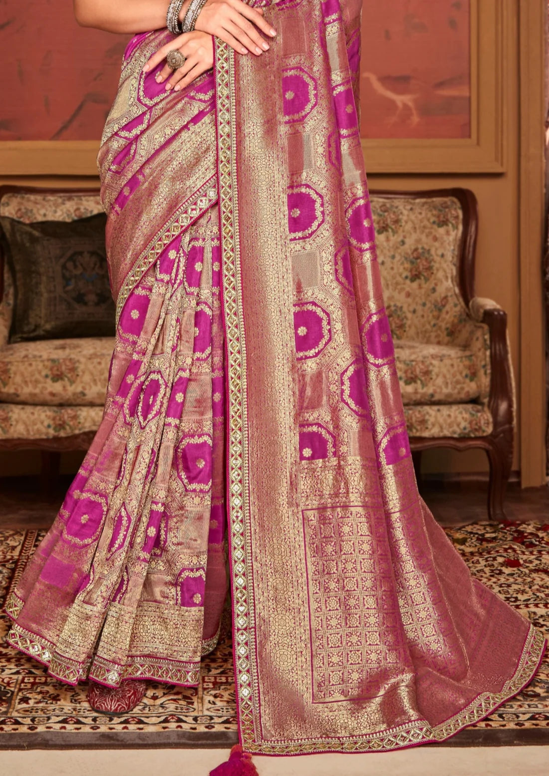 Party wear banarasi silk hand work embroidery rani pink bridal saree online shopping price.
