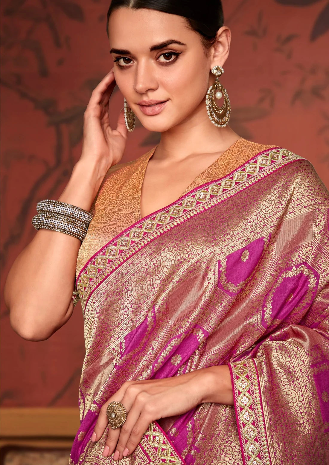 Party wear banarasi silk hand work embroidery pink bridal saree contrast blouse online shopping price.