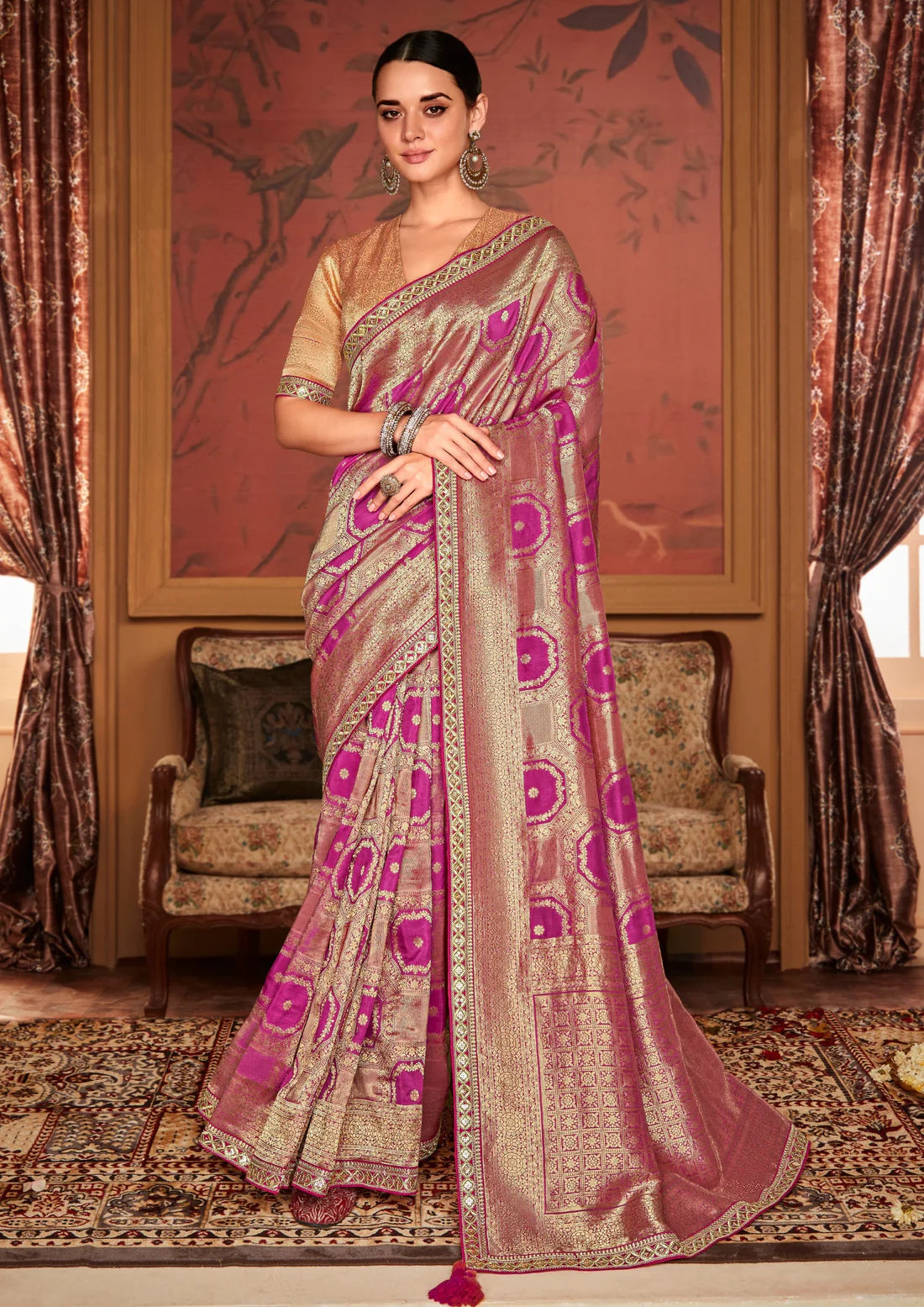 Party wear banarasi silk hand work embroidery pink bridal saree online shopping.