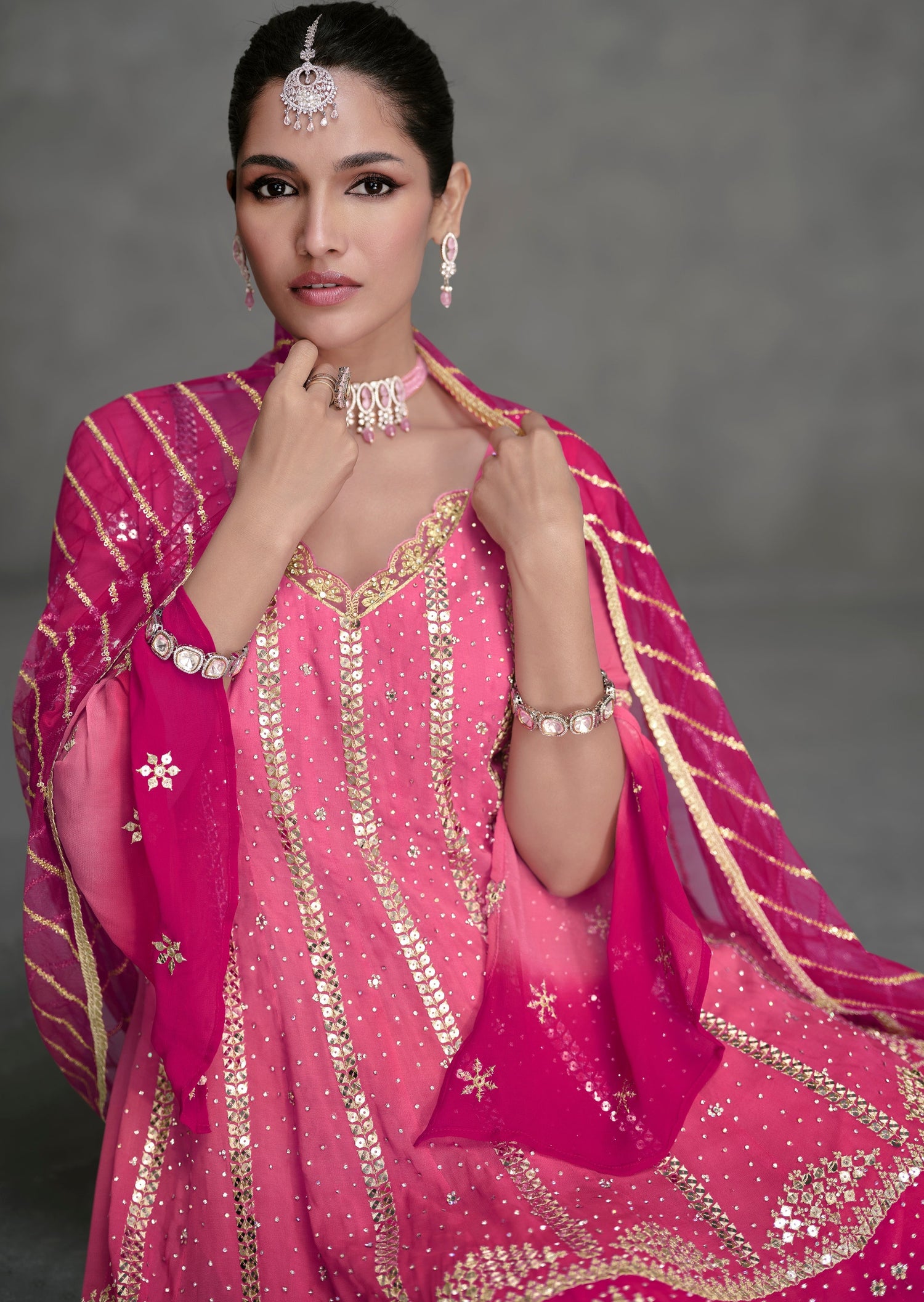 Party wear pink sharara suit set with dupatta online usa.