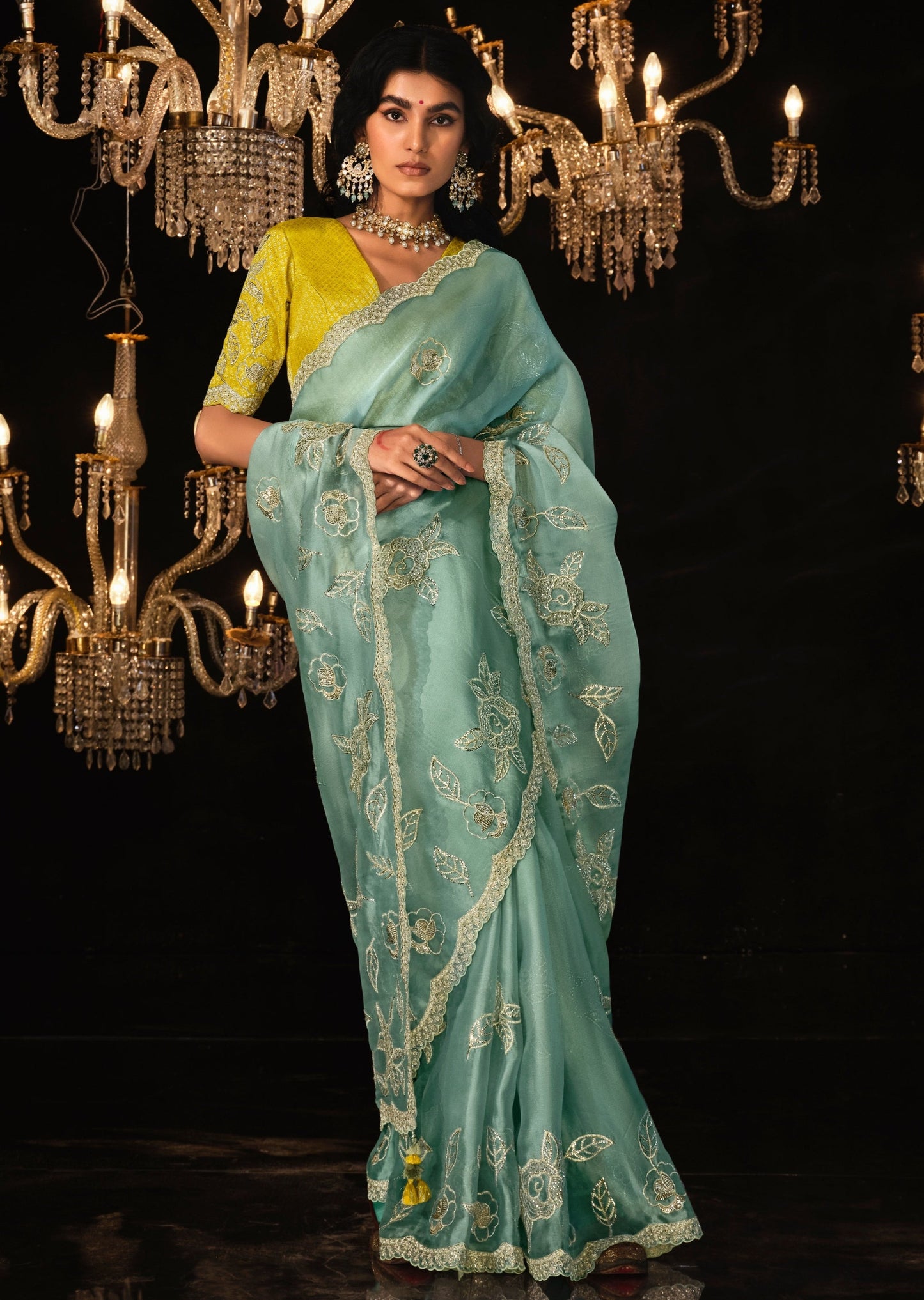 Pastel blue organza saree with embroidery & yellow banarasi blouse online designs.