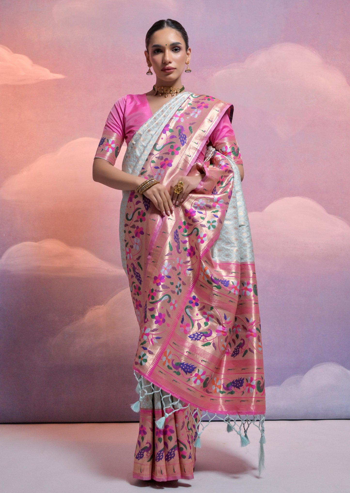 Sky Blue Triple Muniya Border Paithani Silk Handloom Saree