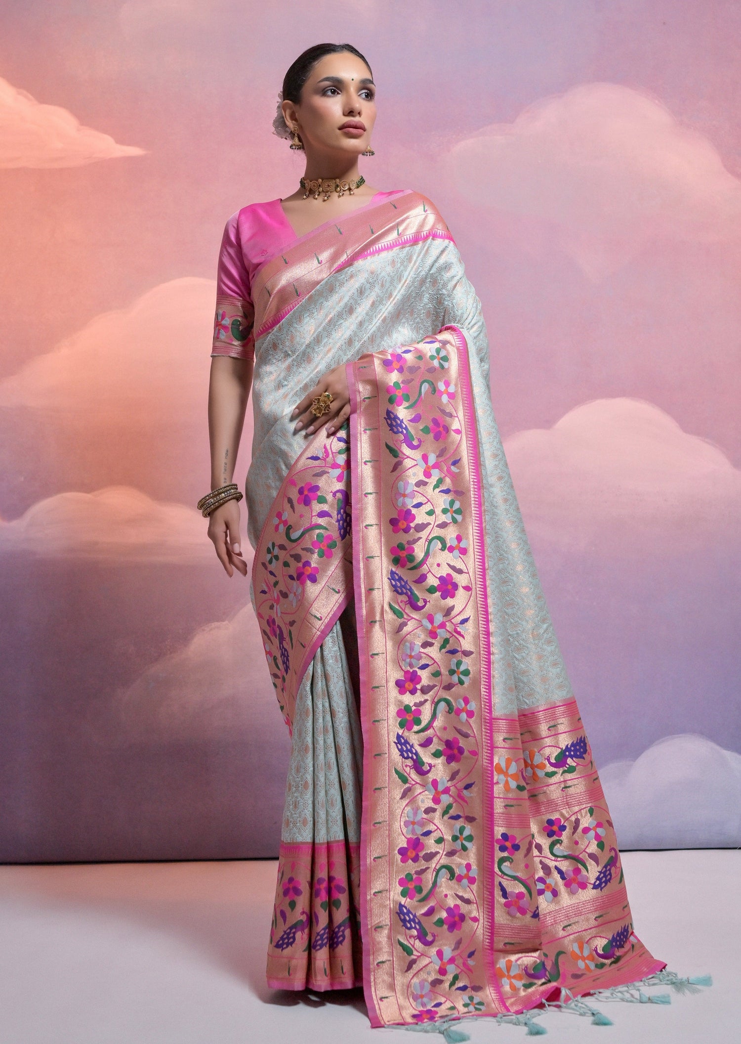 Pastel blue paithani silk handloom saree blouse designs online shopping.