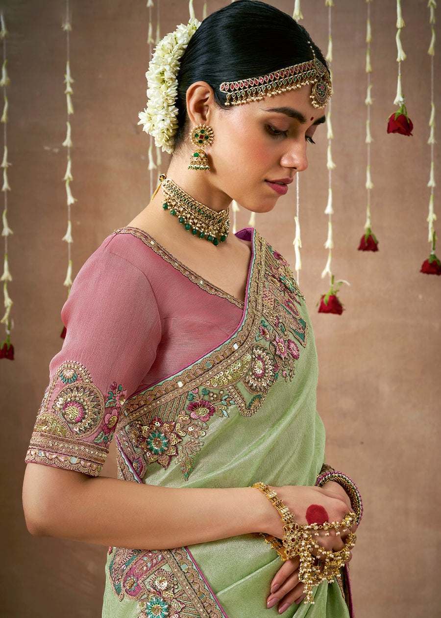 Pastel green tissue saree in usa online shopping for wedding and bridal wear with heavy sequins work embroidery.