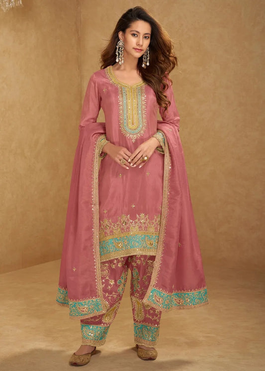 Pastel Pink Simar Silk Narrow Pant Suit Set With Dupatta