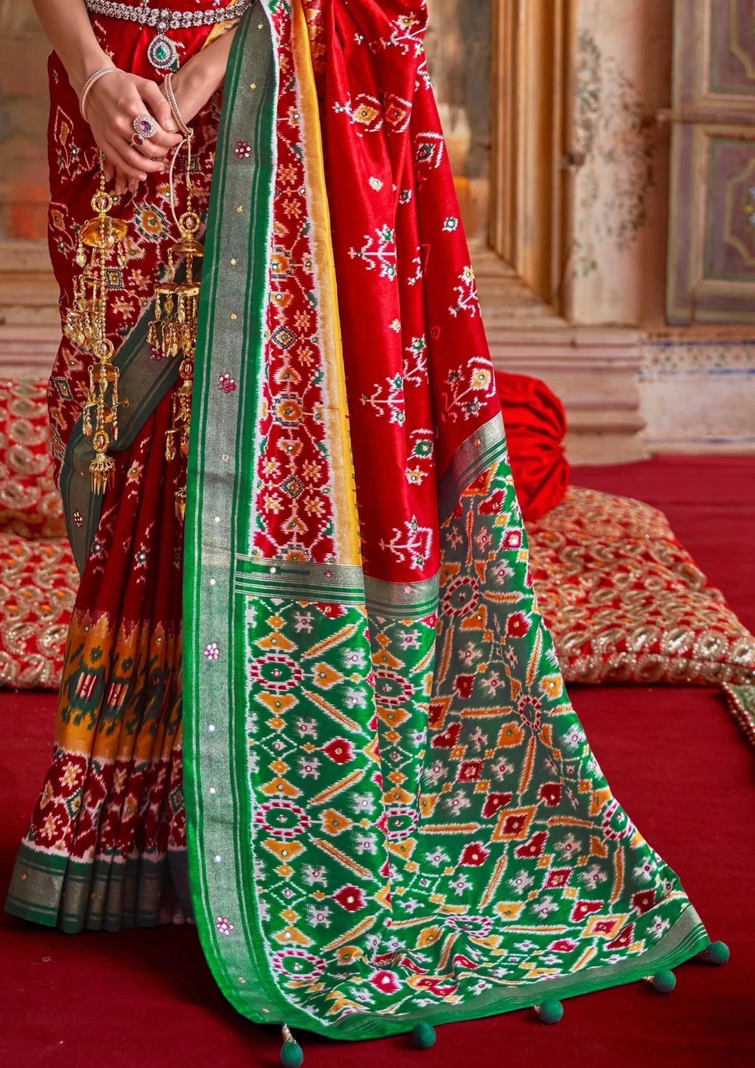 Patan patola silk mirror khatli hand work red ikat saree online shopping usa.
