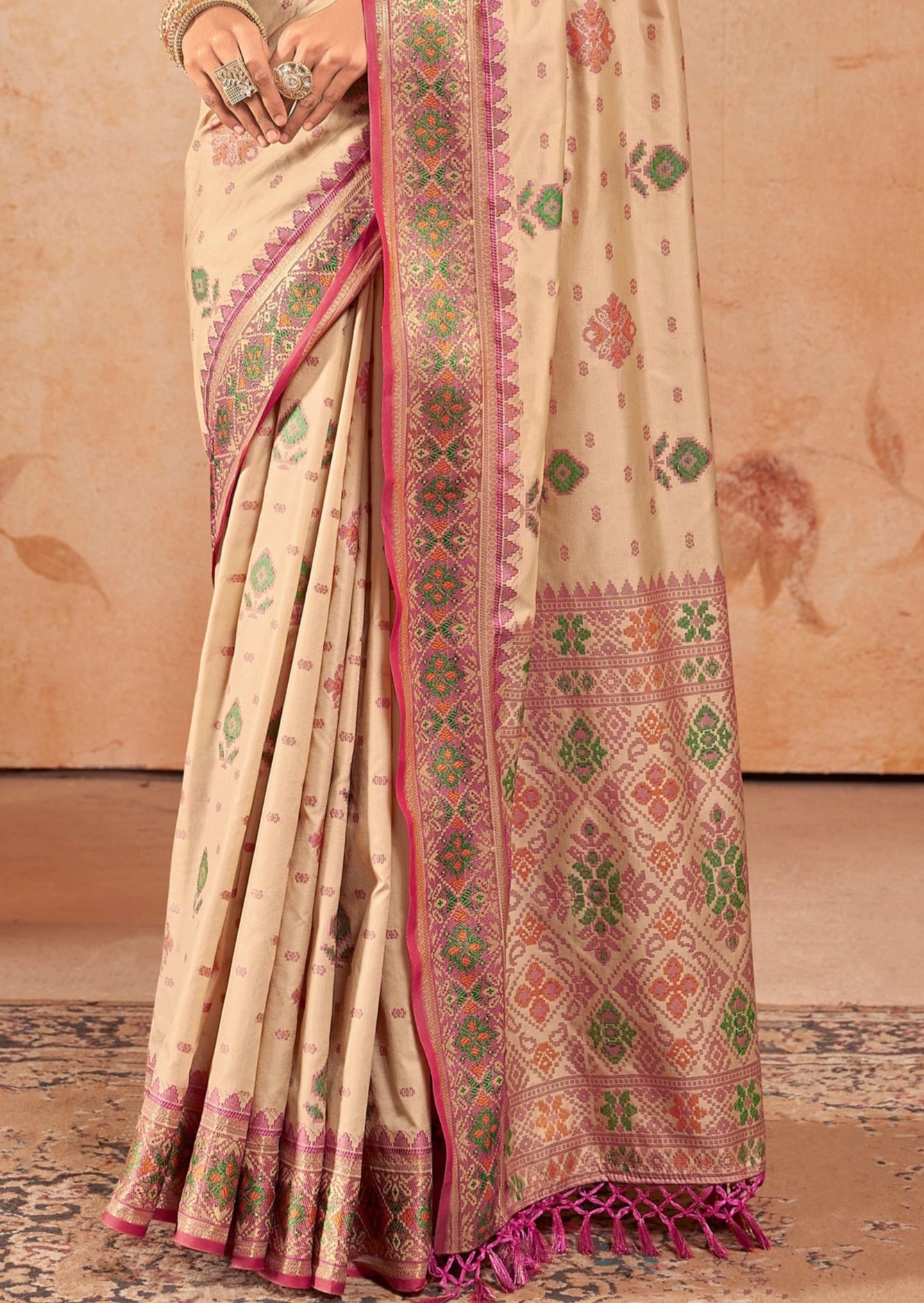 Pure patola handloom silk cream saree in usa online shopping with price.