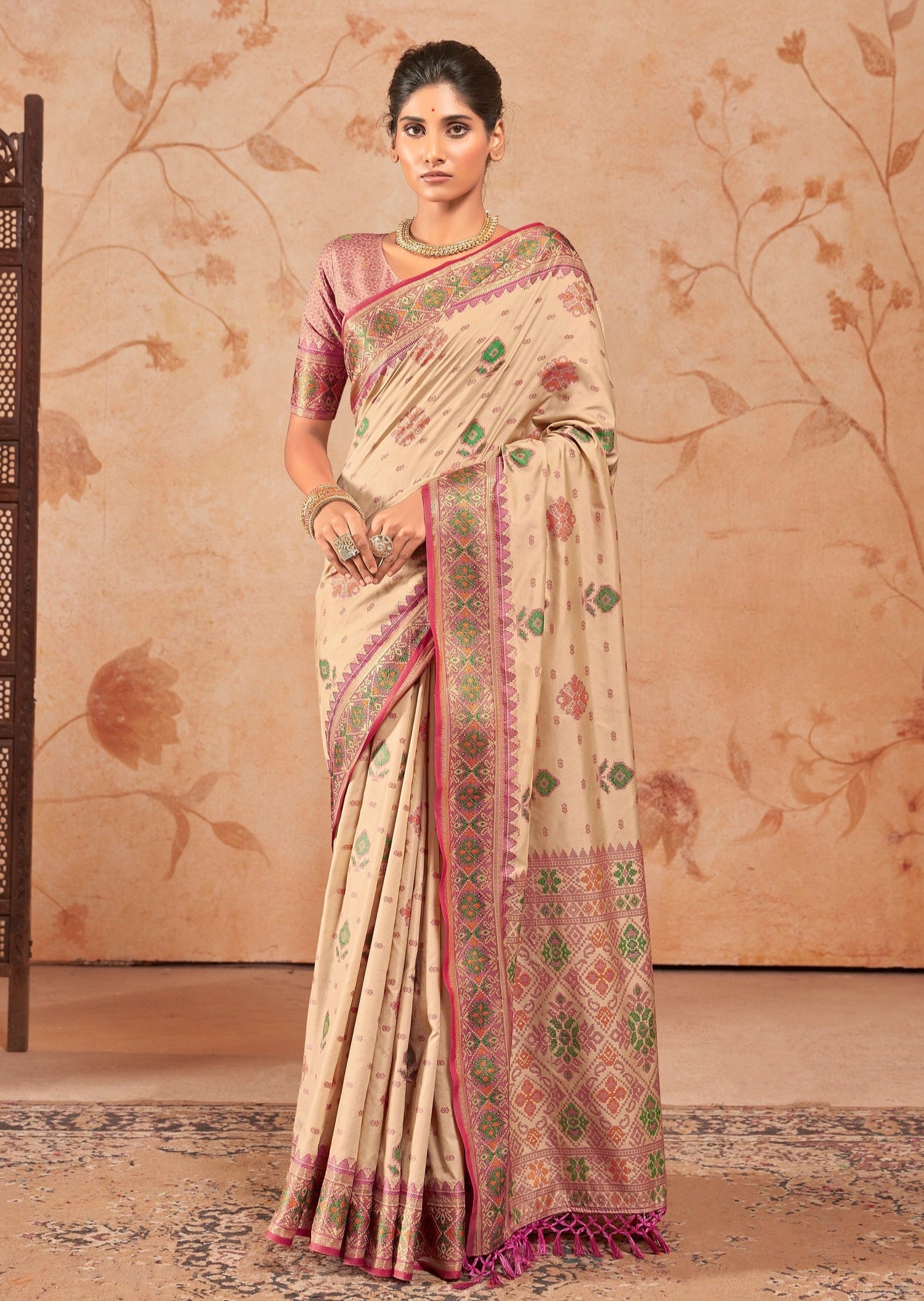 Patola handloom silk cream saree usa online for wedding.