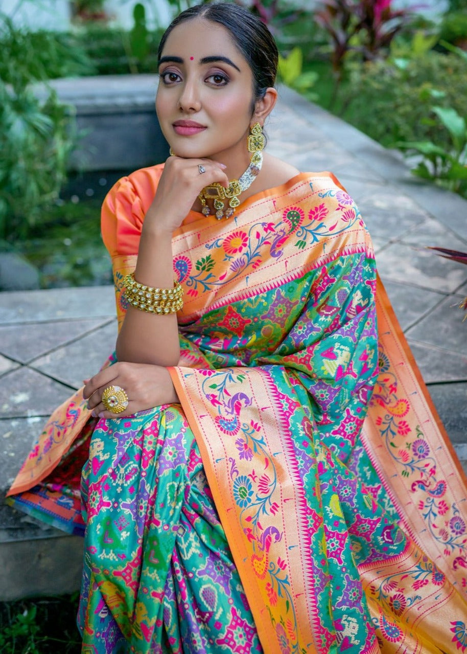 Banarasi patola paithani fusion saree online shopping in green colour with contrast orange blouse for wedding.