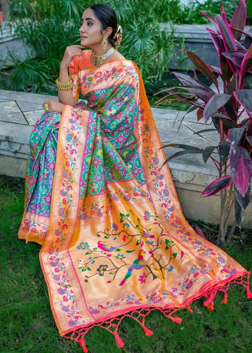 Patola paithani fusion sarees online shopping with contrast blouse for wedding.