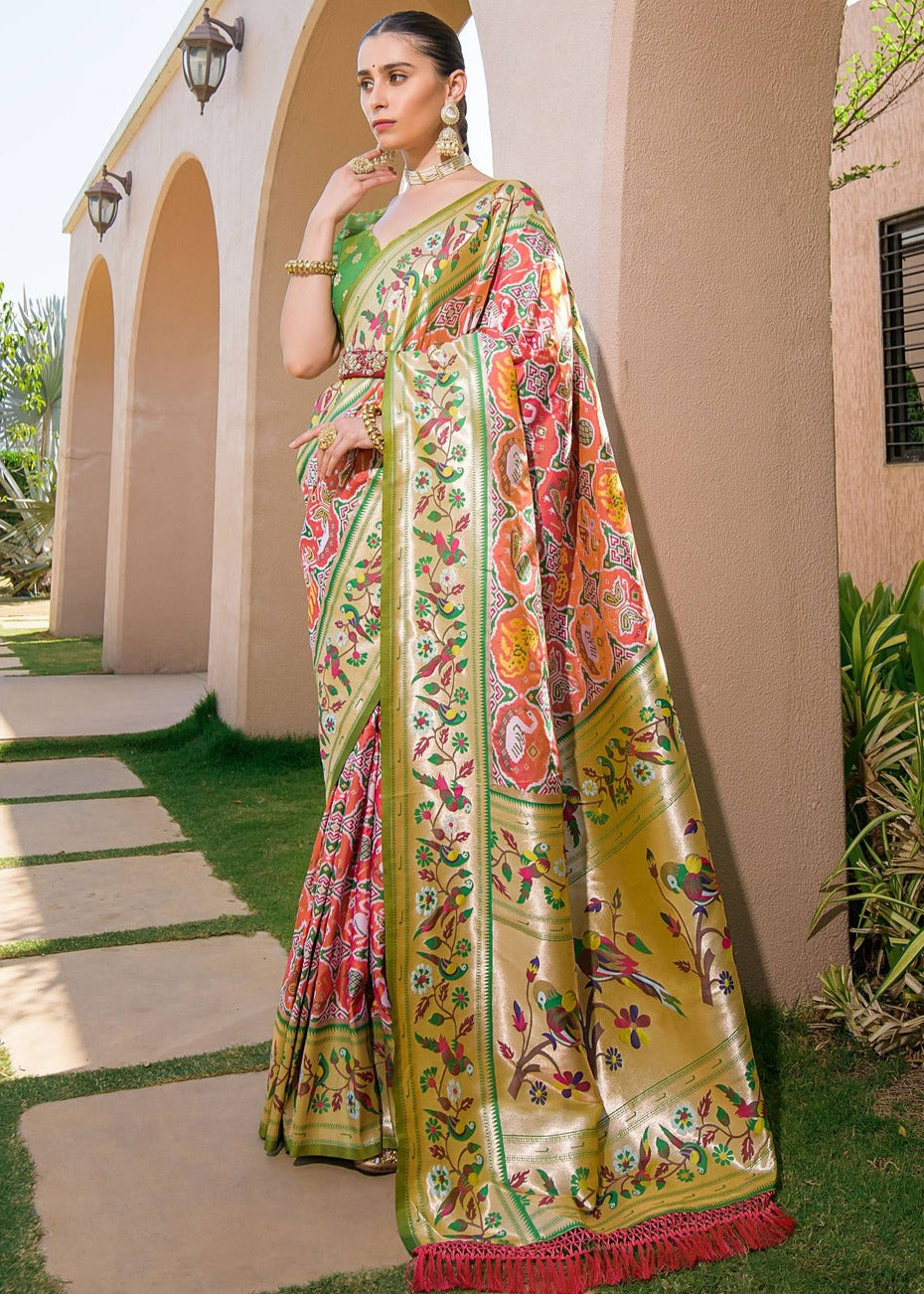 Patola paithani fusion handloom silk peach saree in usa online shopping with contrast green blouse.