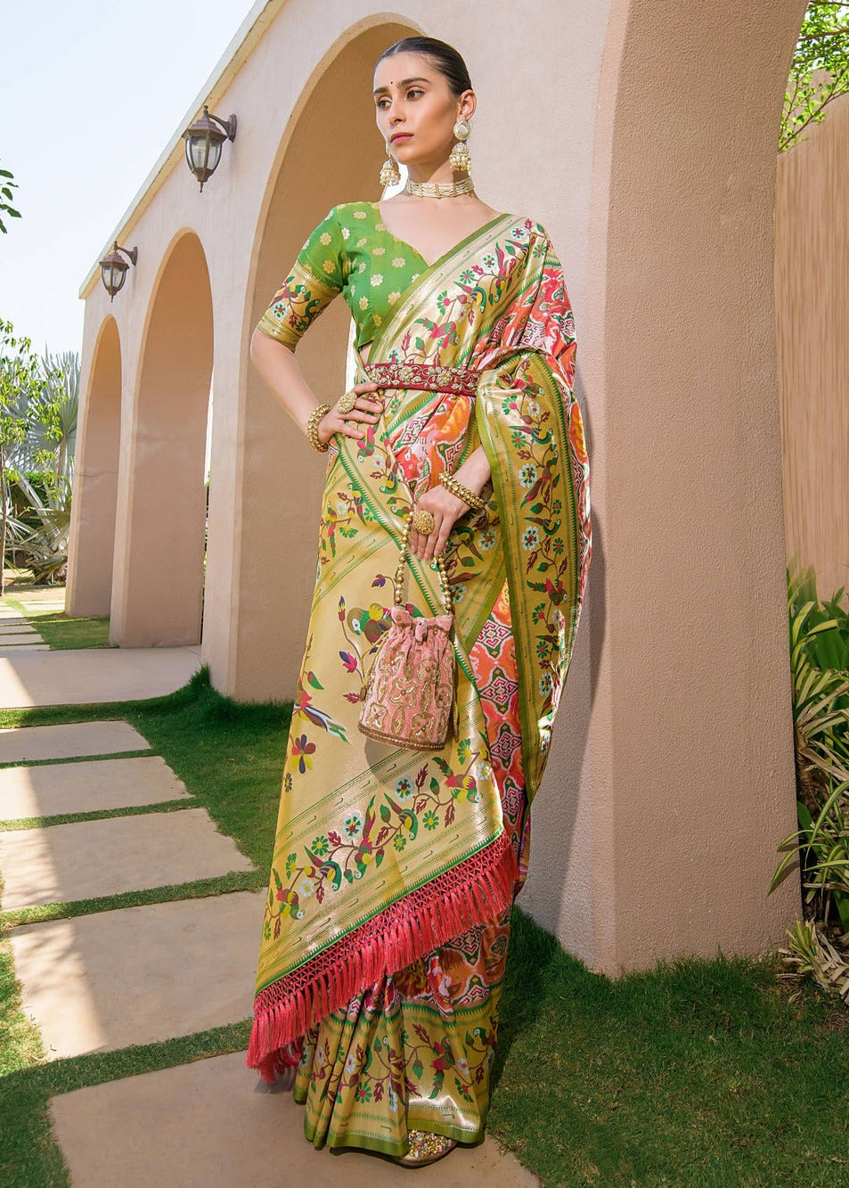 Patola paithani fusion handloom silk saree in usa online for wedding with fall pico at fast shipping.