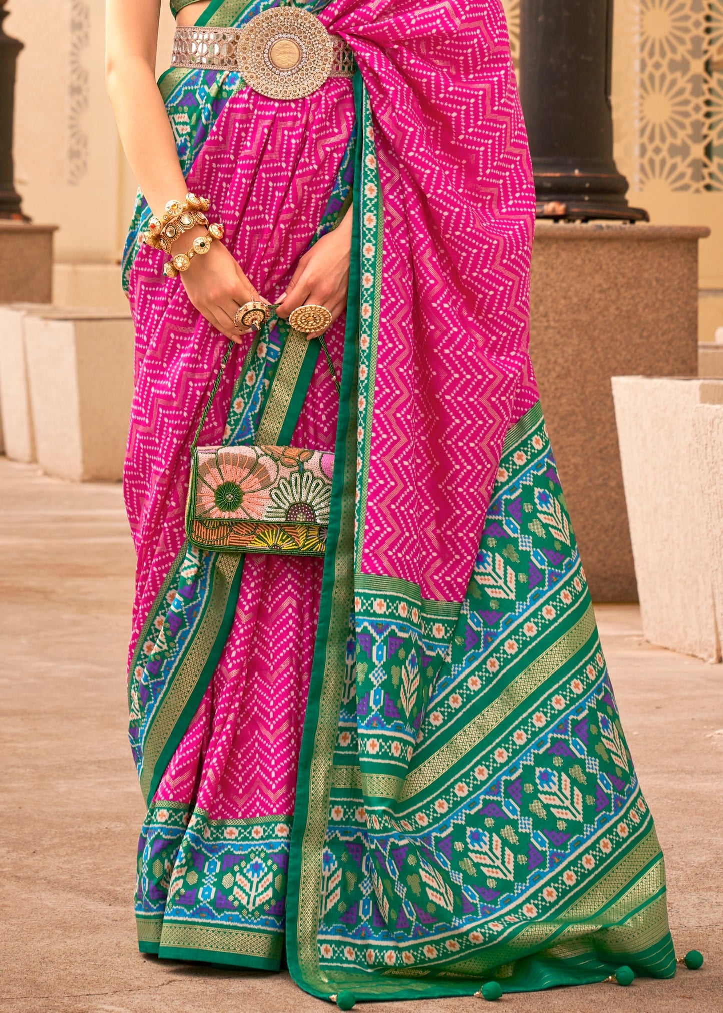 Patola saree online shopping price in india in pink green colour for festive wear & office wear.