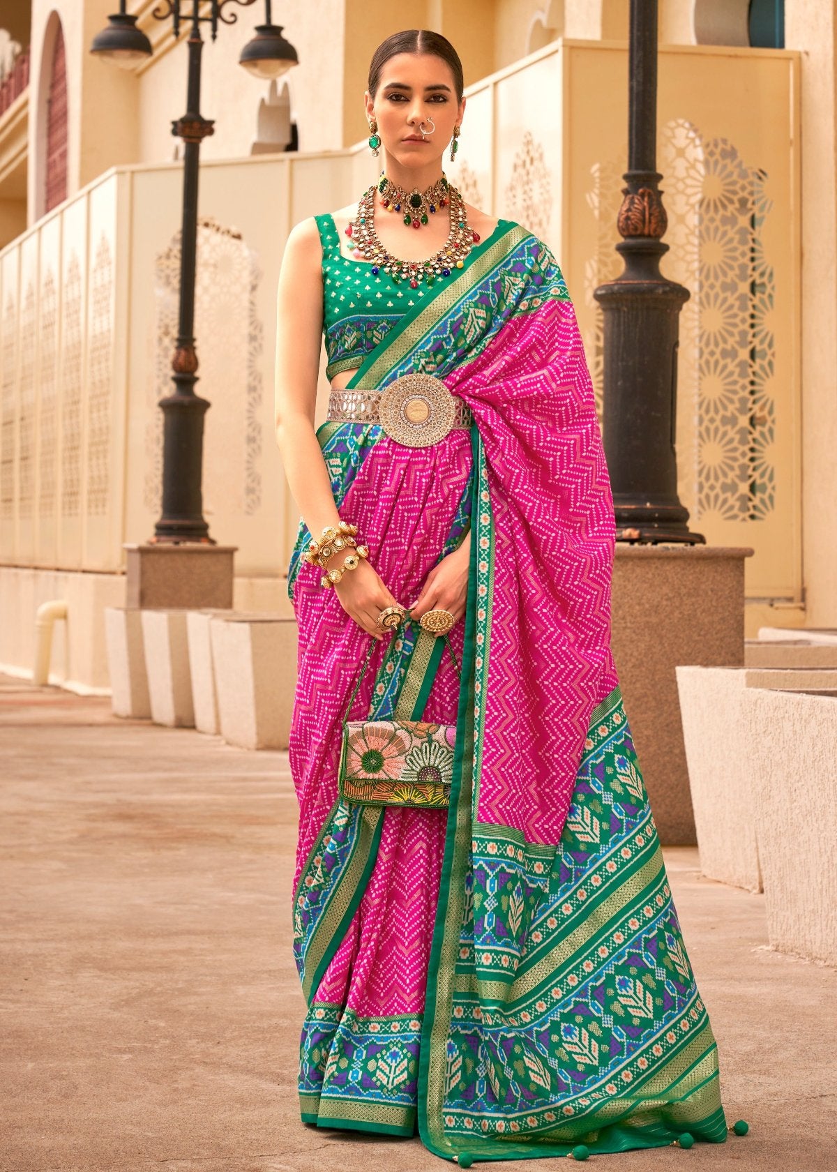 Patola saree online shopping in India for festive wear & office wear in pink green colour combination.