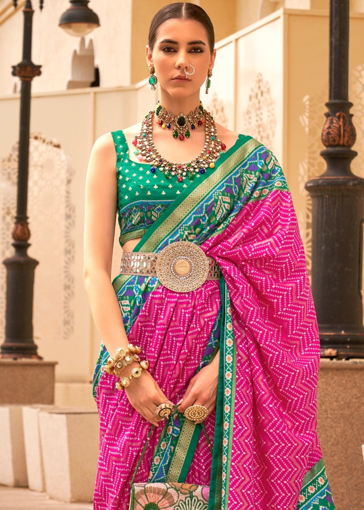 Patola silk pink saree online shopping in india on sale for festive wear & office wear.