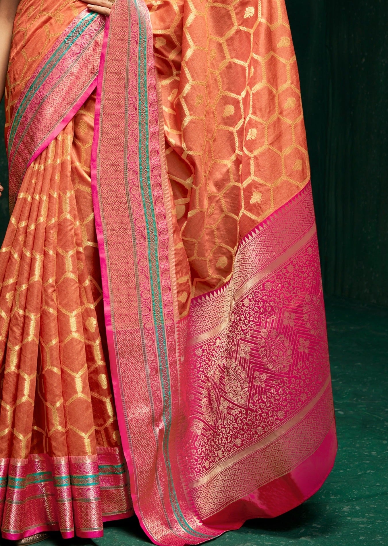 Peach banarasi cotton silk saree usa online shopping for wedding look.