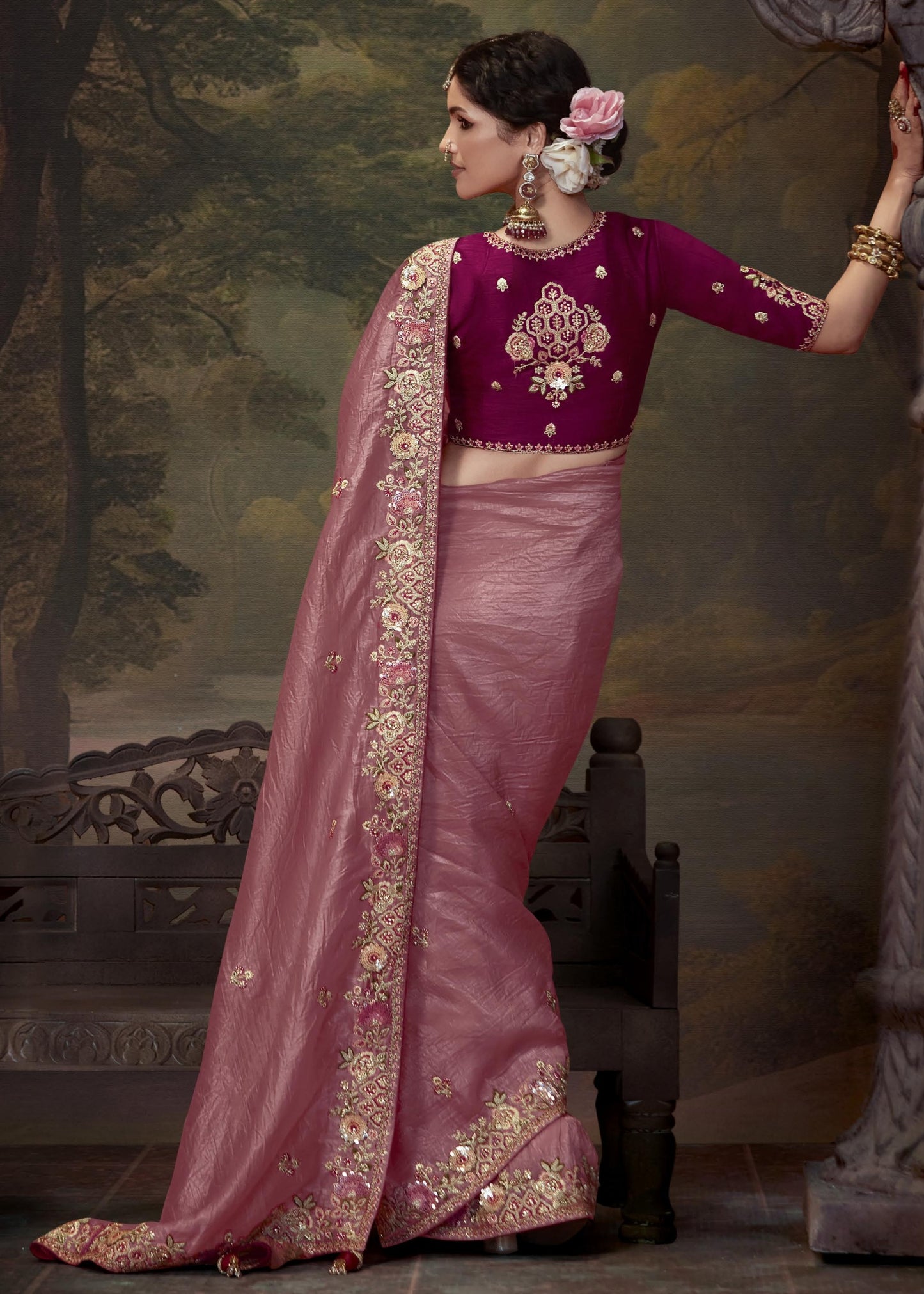 Peach crushed tissue silk saree online india for bride.