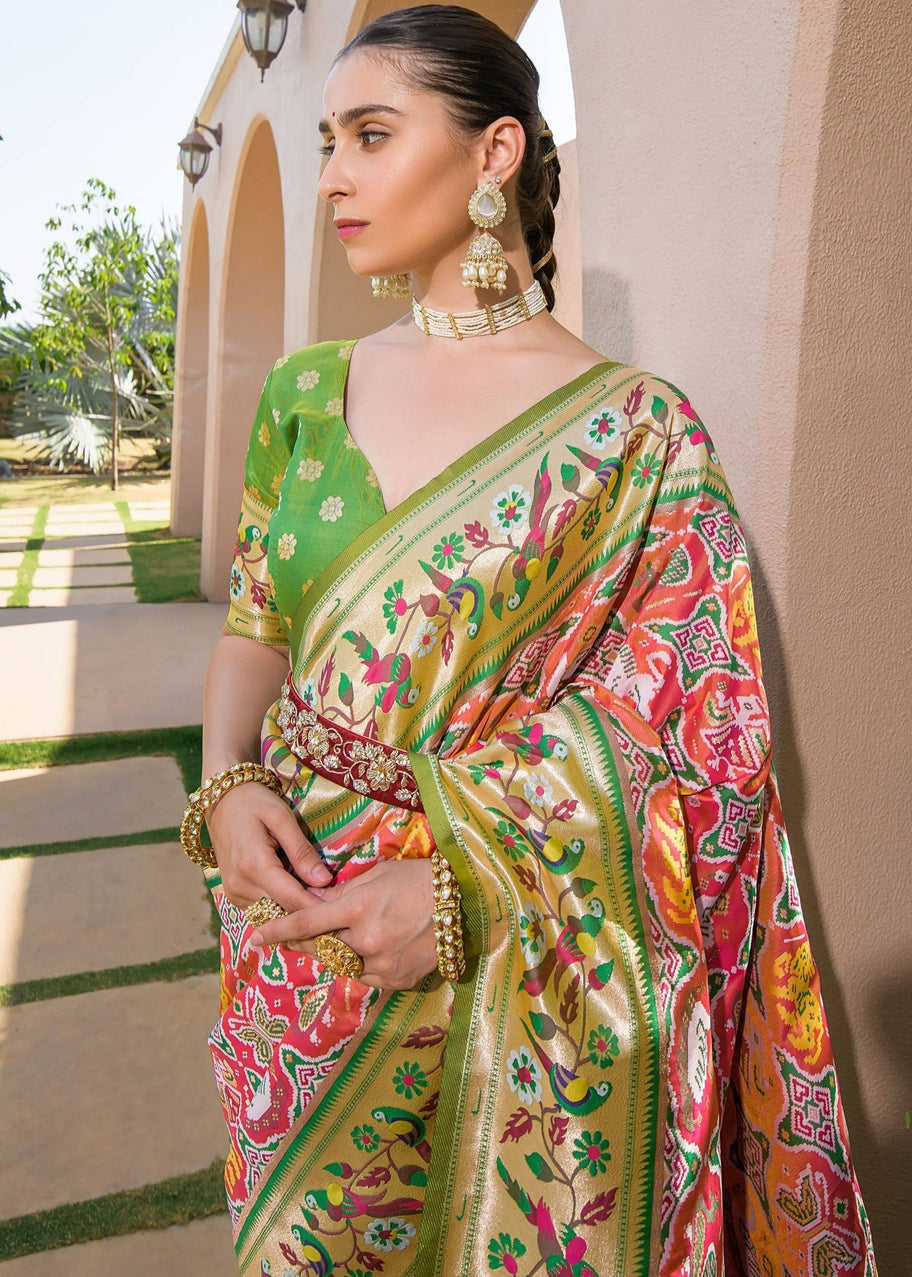 Peach patola paithani fusion handloom silk saree in usa online price for wedding function.