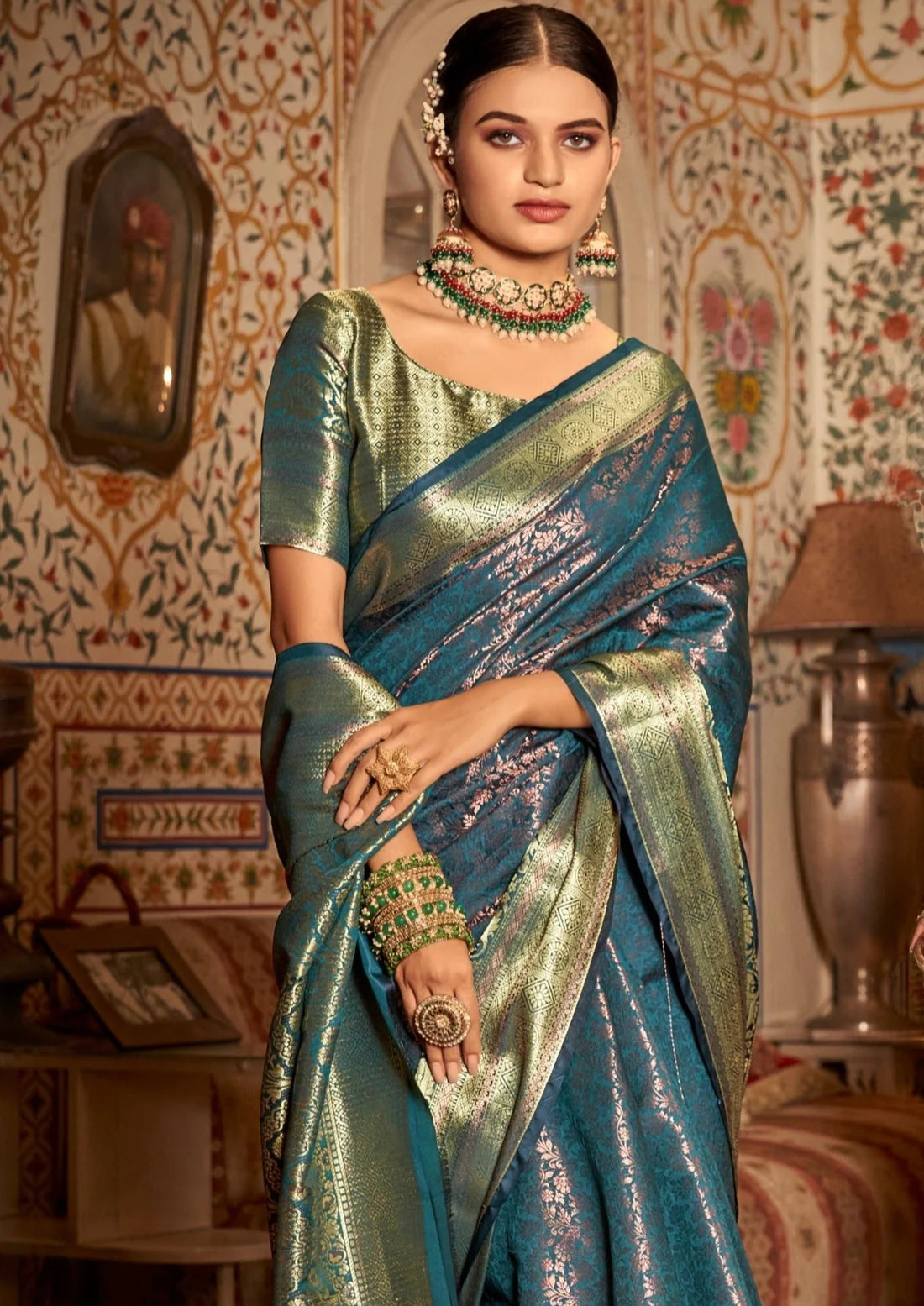 Peacock blue kanchipuram pattu silk sarees online designs usa for bride.
