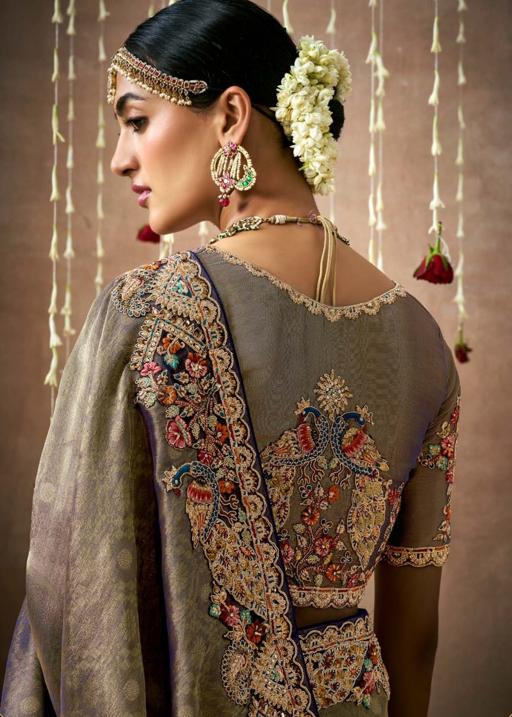 Grey tissue organza embroidery saree online india usa with heavy peacock motifs handwork design.