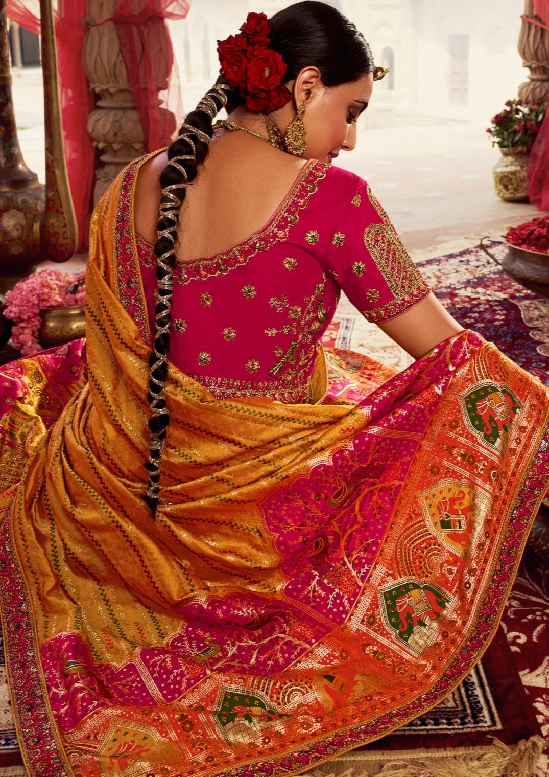 Pink and Yellow Banarasi Silk Bridal Lehenga Choli