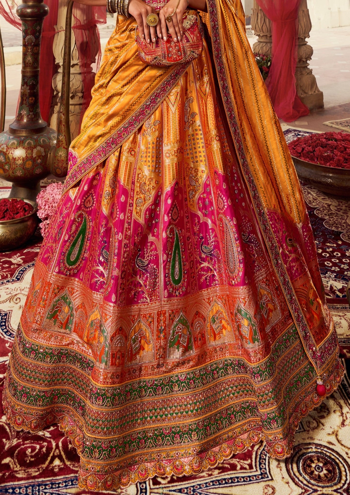 Pink and Yellow Banarasi Silk Bridal Lehenga Choli
