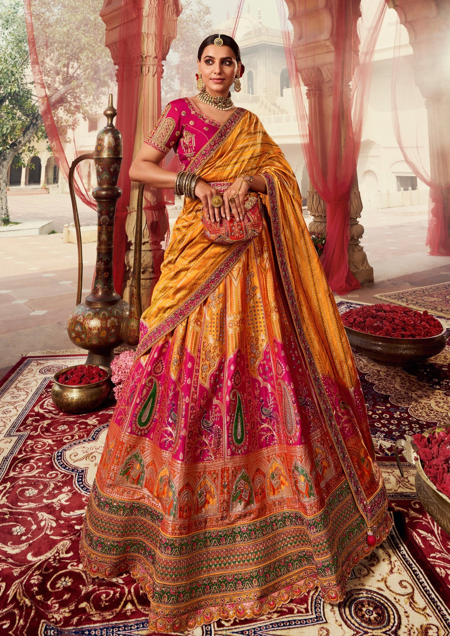 Yellow and Red Color Embroidered Viscose Georgette Lehenga - Rent