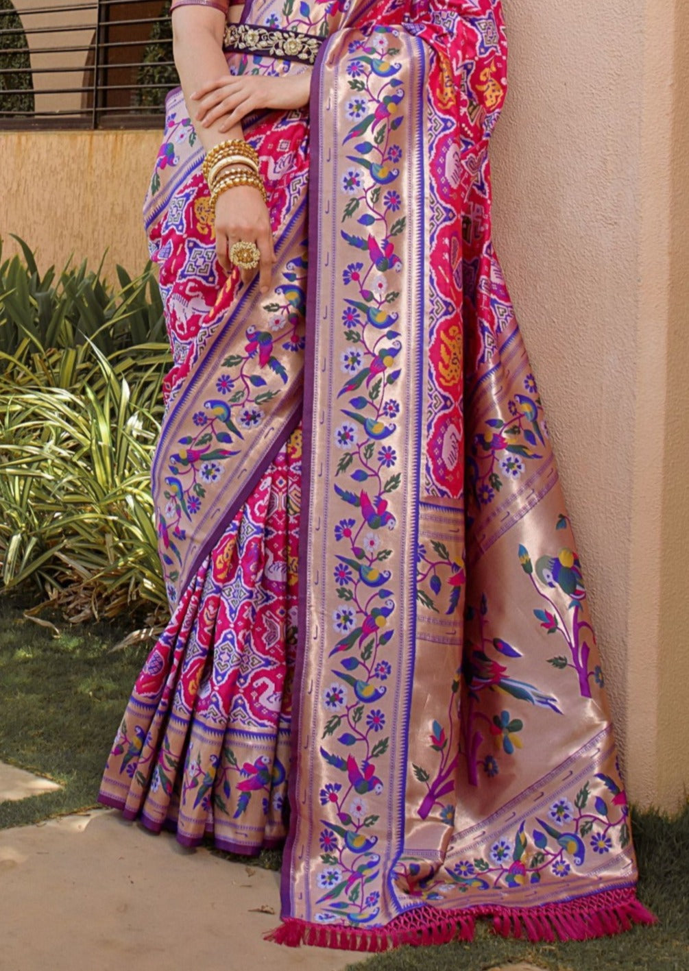 Hot pink banarasi patola handloom silk pink saree online shopping price in india usa uk with contrast purple blouse.