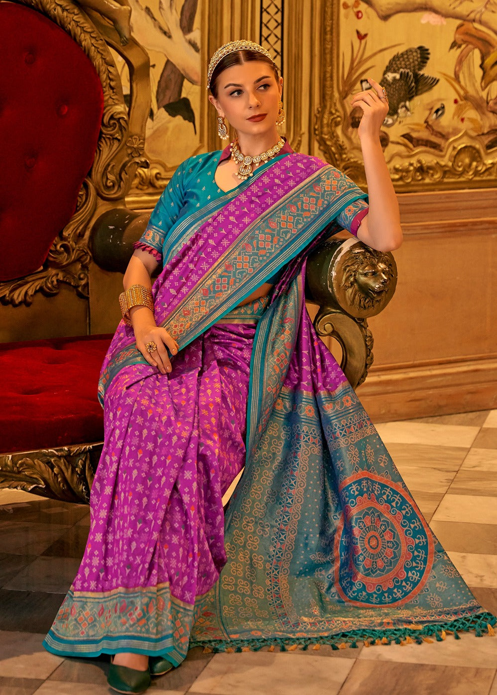 Pink banarasi patola handloom saree online shopping with price.