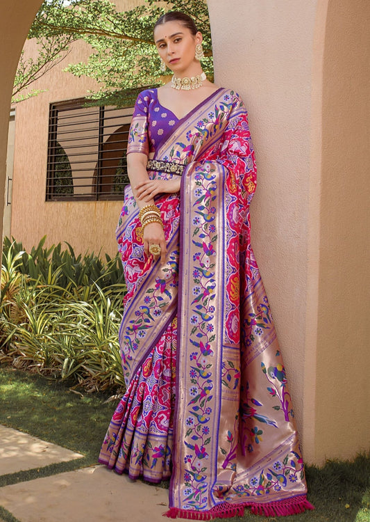 Original banarasi patola handloom silk pink saree online shopping price in india usa uk with contrast purple blouse.