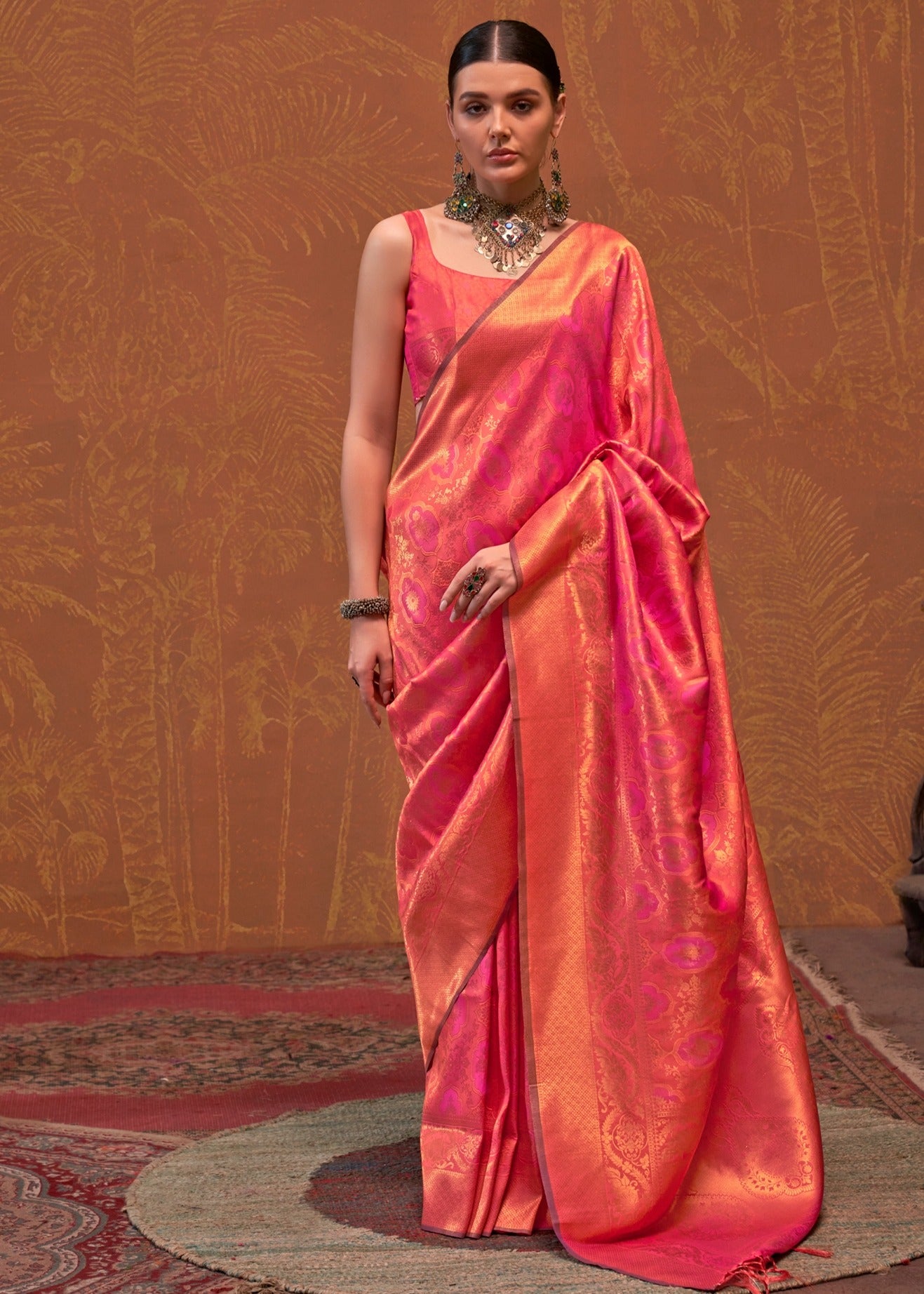 Pink and peach banarasi silk saree online india for traditional wear.